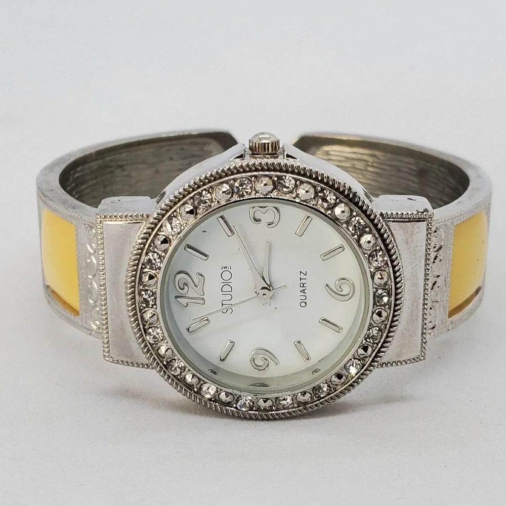 Women's Cuff Bracelet Watch Silver Yellow Tone Bracelet 5.75